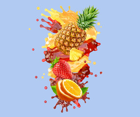 Healthy orange, strawberry, pineapple fruit juices liquid splashes. Fruits juice splashing together - orange, pineapple, strawberry juice in two colorful splashes. Ad label design. 3D