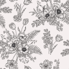 Seamless pattern with anemones. Spring flowers and leaves. Garden plants. Vector illustration.