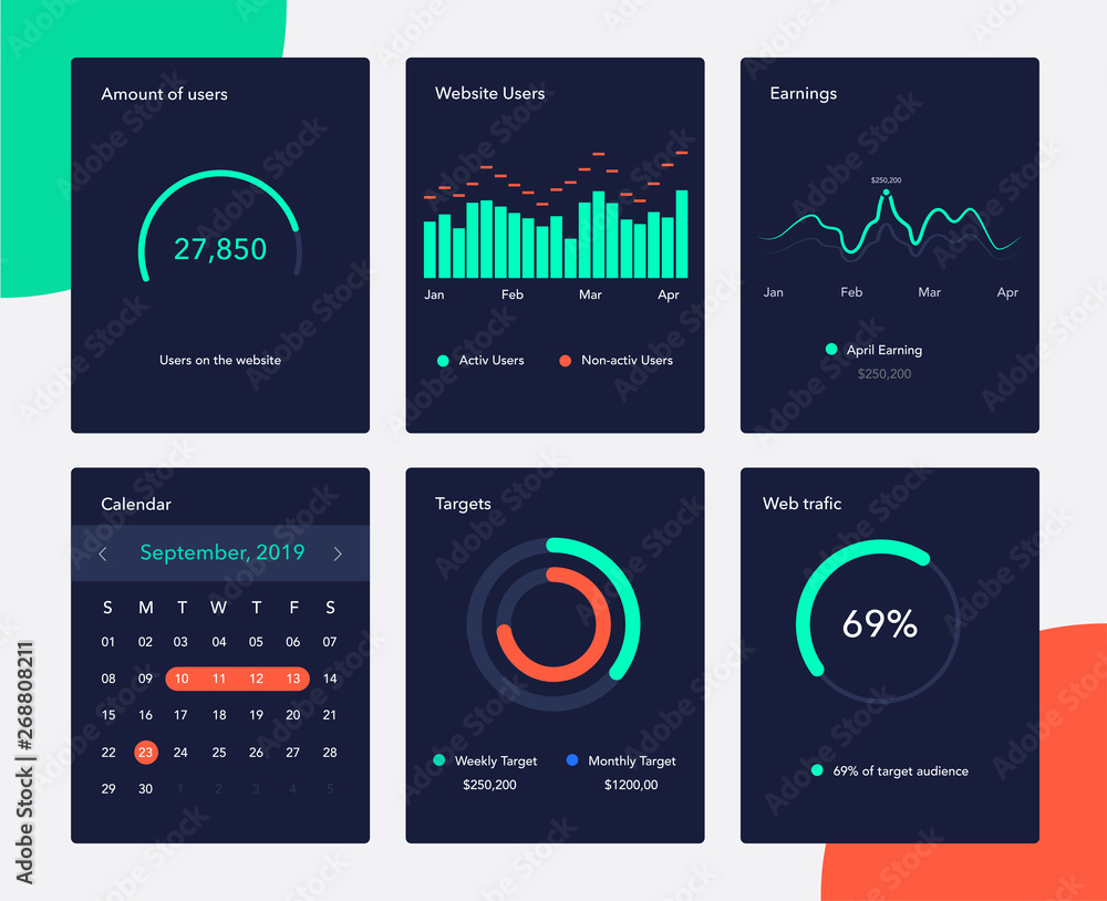 Poster financial and marketing data charts. network management data screen with charts and radial diagrams.