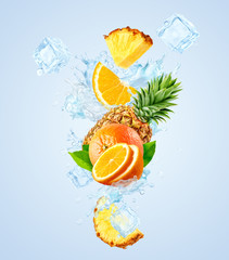 Fototapeta na wymiar Fresh cold pure flavored ice water wave splash with pineapple, orange slices. Clean infused water wave swirl with orange and pineapple. Healthy flavored drink splash with ice cubes. 3D