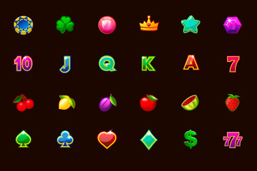 Vector big set gaming icons for slot machines and a lottery or casino in different colors. Game casino, slot, UI. Vector icons on separate layers.