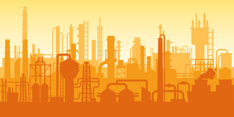 Industrial plant, factory silhouette, exterior of enterprise scene, oil refinery.
