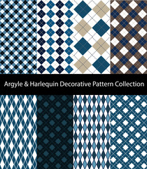 Collection of Argyle / Harlequin / Rhombus patterns. Decorative blue design seamless backgrounds.