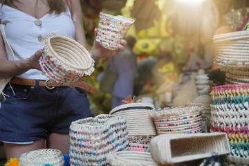 Closeup of handmade baskets in the Medina souk of Marrakech