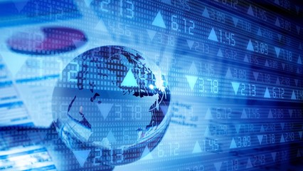 Glass globe with financial reports and graphs, toned image