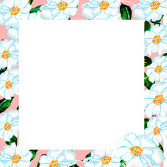Retro postcard with floral frame (white flowers). Vintage watercolour