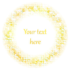Sequins sparkling yellow gold circle. White background. illustration. Place for text.