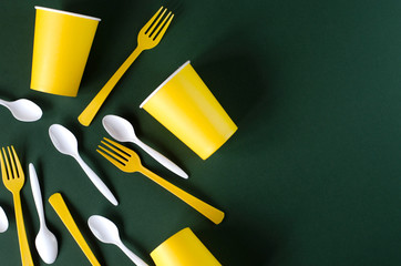 Flat lay plastic and paper utensils on a green background.