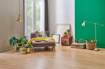 Carpet on the parquet and modern accessory background, green and white wall.