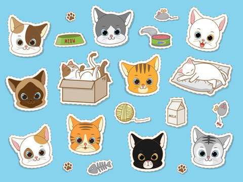 Cute cat sticker collection set, cartoon doodles vector illustration