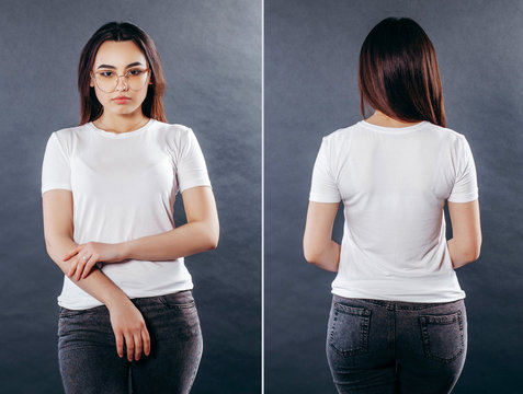 White T-shirt On A Young Girl Isolated, Front And Back