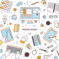 Square banner template with graphic design or digital art tools, designers typing on keyboard or drawing on tablet, stationery or office supplies. Vector illustration in modern line art style.