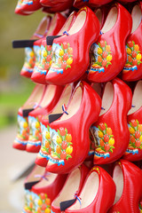 Keukenhof Lisse, The Netherlands - 21 March , 2019: Traditional Holland wooden clogs for sale at a Dutch shop in the Garden of Europe
