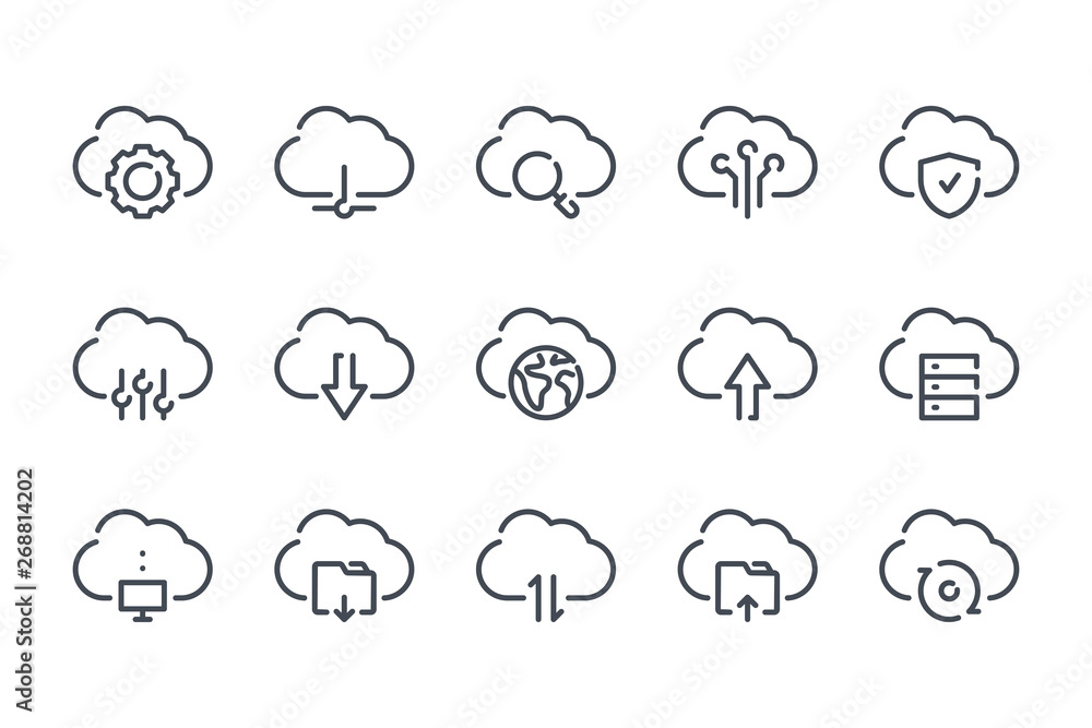 Poster cloud service and technology line icons. cloud network and data vector linear icon set.