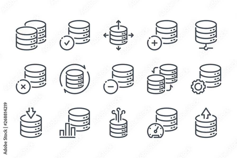 Poster database related line icon set. server and backup vector linear icons. hosting and web storage icons