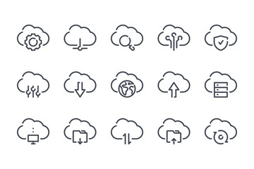 Cloud service and technology line icons. Cloud network and data vector linear icon set.