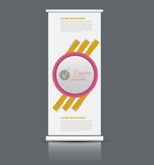 Roll up banner stand template. Abstract background for design,  business, education, advertisement. Vector  illustration. Pink and yellow color.