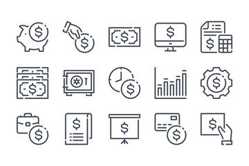 Money and payment related line icons. Finance and banking vector linear icon set.
