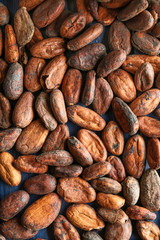 Many cocoa beans as background