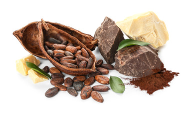 Cocoa beans, butter and chocolate on white background