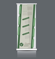 Roll up stand design. Vertical banner template. Vector illustration. Green color.