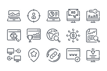 Search Engine Optimization related line icons. Business and marketing vector linear icon set.