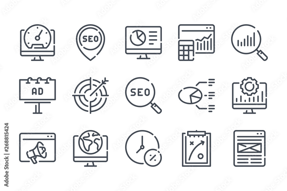 Poster search engine optimization related line icons. business and marketing vector linear icon set.