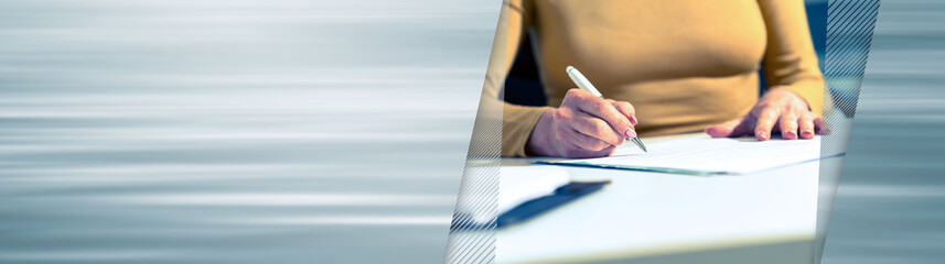 Businesswoman signing document. panoramic banner