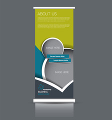 Roll up stand design. Vertical banner template. Vector illustration. Blue and green color.