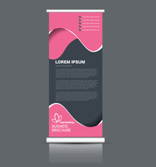 Roll up stand design. Vertical banner template. Vector illustration. Pink and grey color.