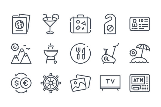 Hotel services related line icons. Travel vector linear icon set.