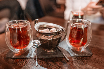 Two glasses of Turkish tea with sugar