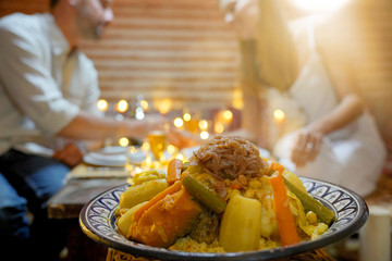 Closeup of typical cuscus dish of Morocco