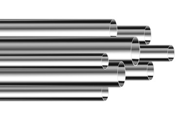 Steel or aluminum pipes of different diameters isolated on white background. Glossy 3d Steel Tubes design. Industrial, steel piplines production concept vector.