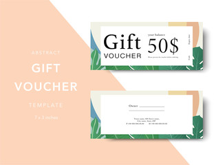 Gift voucher card template. Modern discount coupon for shopping with abstract and floral pattern. Modern fashion background design with information sample text. Coupon template for gift and shopping.