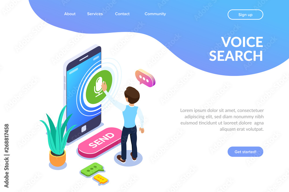 Poster isometric record voice message concept. a person records a voice or audio message using a mobile pho