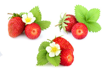 Collage. Natural homemade strawberry with strawberry leaves and flower.