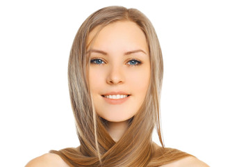 Portrait close-up beautiful young smiling woman with long hair isolated on white background