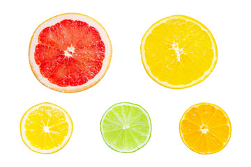 Fototapeta na wymiar Close up of citrus collage: grapefruit, orange, tangerine, lemon and lime. The concept of healthy fruits, vitamin C. Bright colorful image. Isolared, top view, minimalism, flat lay.