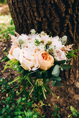 wedding bouquet with peony rose. bouquet with roses, peonies and eucalyptus.