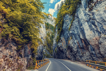 majestic mountain scenery. road in mountains, autumn landscape. Romania- Carpathian Mountains. Bicaz Canyon Cheile Bicazului . Beauty in the world.
