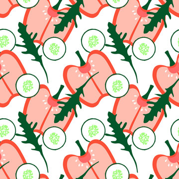 Seamless pattern with summer vegetables - cupsicum, cucumber, ruccola.