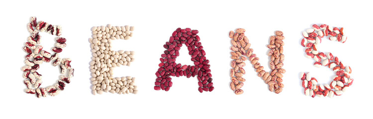 Word beans written in letters arranged by different sorts of beans isolated on white
