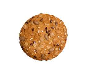 Useful cookies with flax, sesame, sunflower seeds and roasted oat grains on white background.