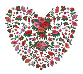 Beautiful floral heart made of red and pink poppies and tulips isolated on white.