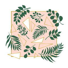 Trendy illustration of exotic leaves and golden triangles on the pink 