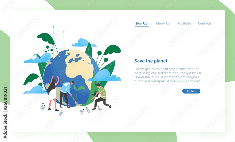 Poster landing page template with group of people of ecologists taking care of earth and nature. save the p