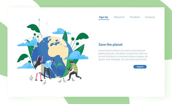 Landing page template with group of people of ecologists taking care of Earth and nature. Save The Planet. Environmental protection, use of eco friendly technology. Flat colorful vector illustration.