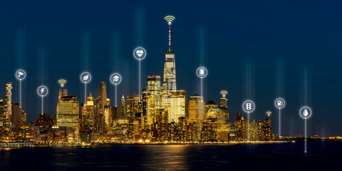 Fototapeta na wymiar Beautiful scenic night view of new york, manhattan, usa in smart city service icon, internet of things, network technology concept. Smart city in urban downtown connected realtime sensor with people.