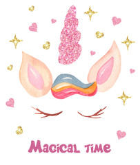 Watercolor romantic cute cartoon unicorn. Romantic Unicorn collection. Illustration for baby shower, posters, cards, invitations, weddings, greeting cards.